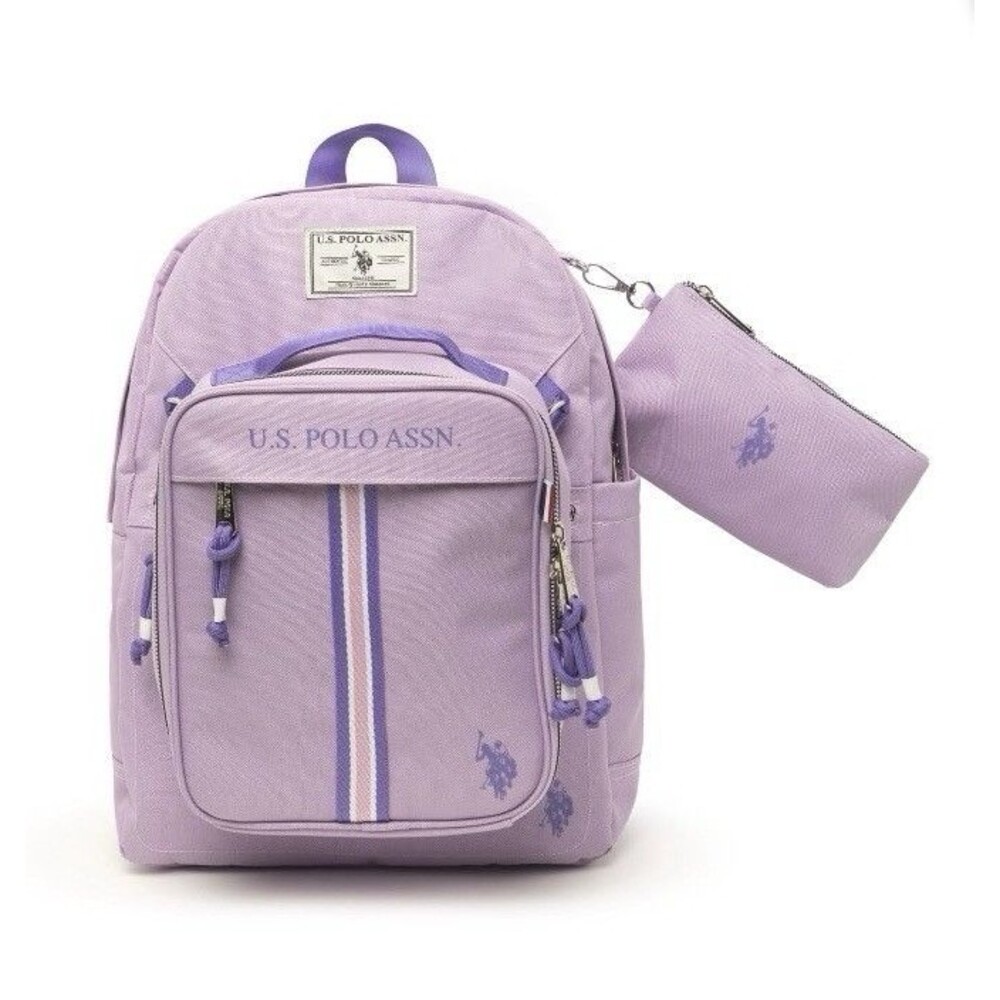 U.S. Polo Assn. Girls' 16" Striped Backpack & Lunch Box Set, Lavender